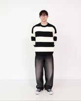 Stripe Knit Ivory + Wide Jeans Black
