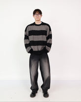 Stripe Knit Charcoal + Wide Jeans Black