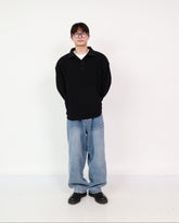 Button up Knit Black + Wide Jeans Sky Blue