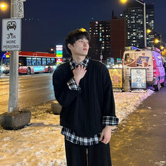 Black Check Oversize Button Up Shirt 001 + Plain Knit Black 001