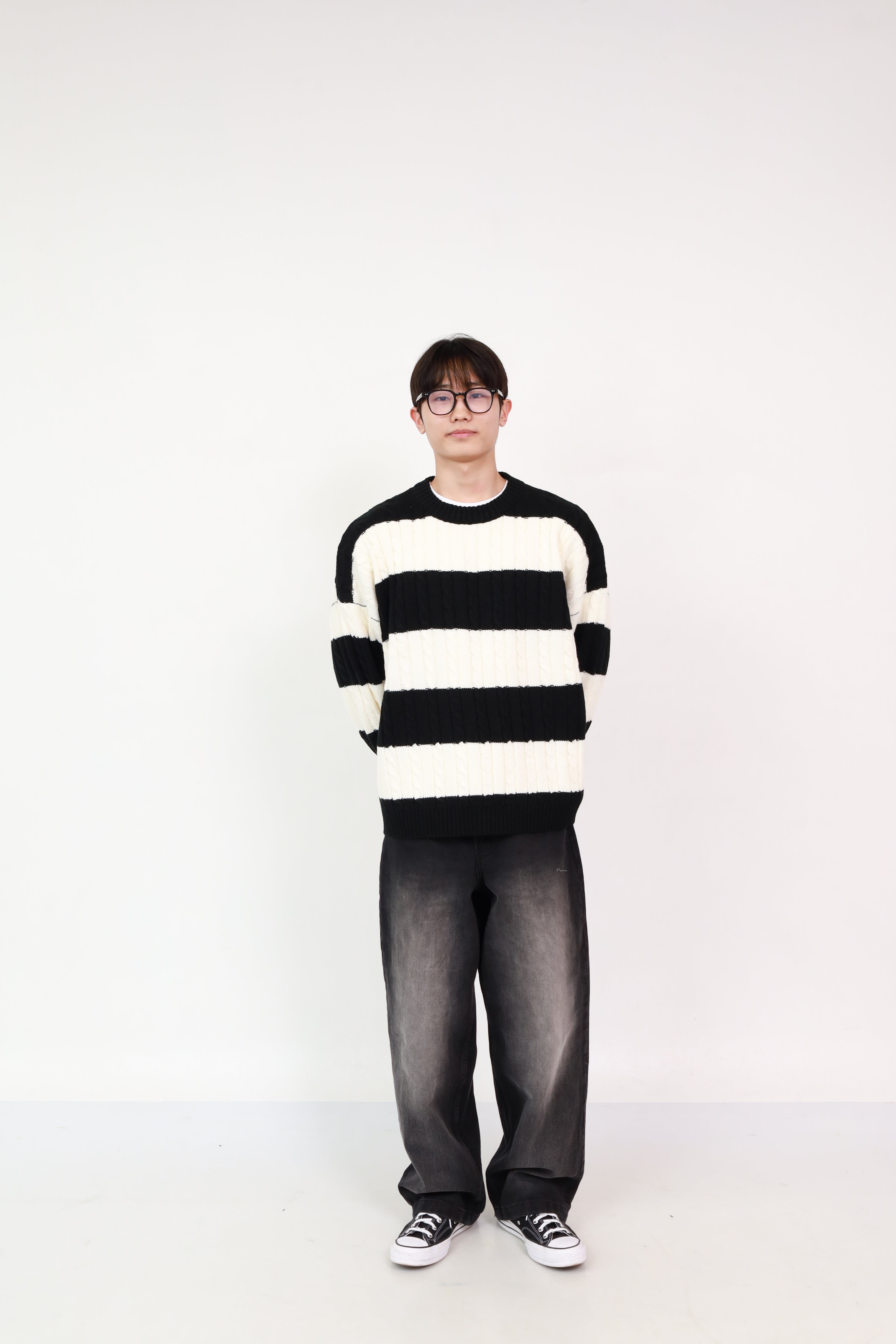 Stripe Knit Ivory + Wide Jeans Black