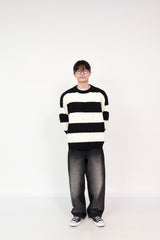 Stripe Knit Ivory + Wide Jeans Black