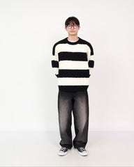 Stripe Knit Ivory + Wide Jeans Black