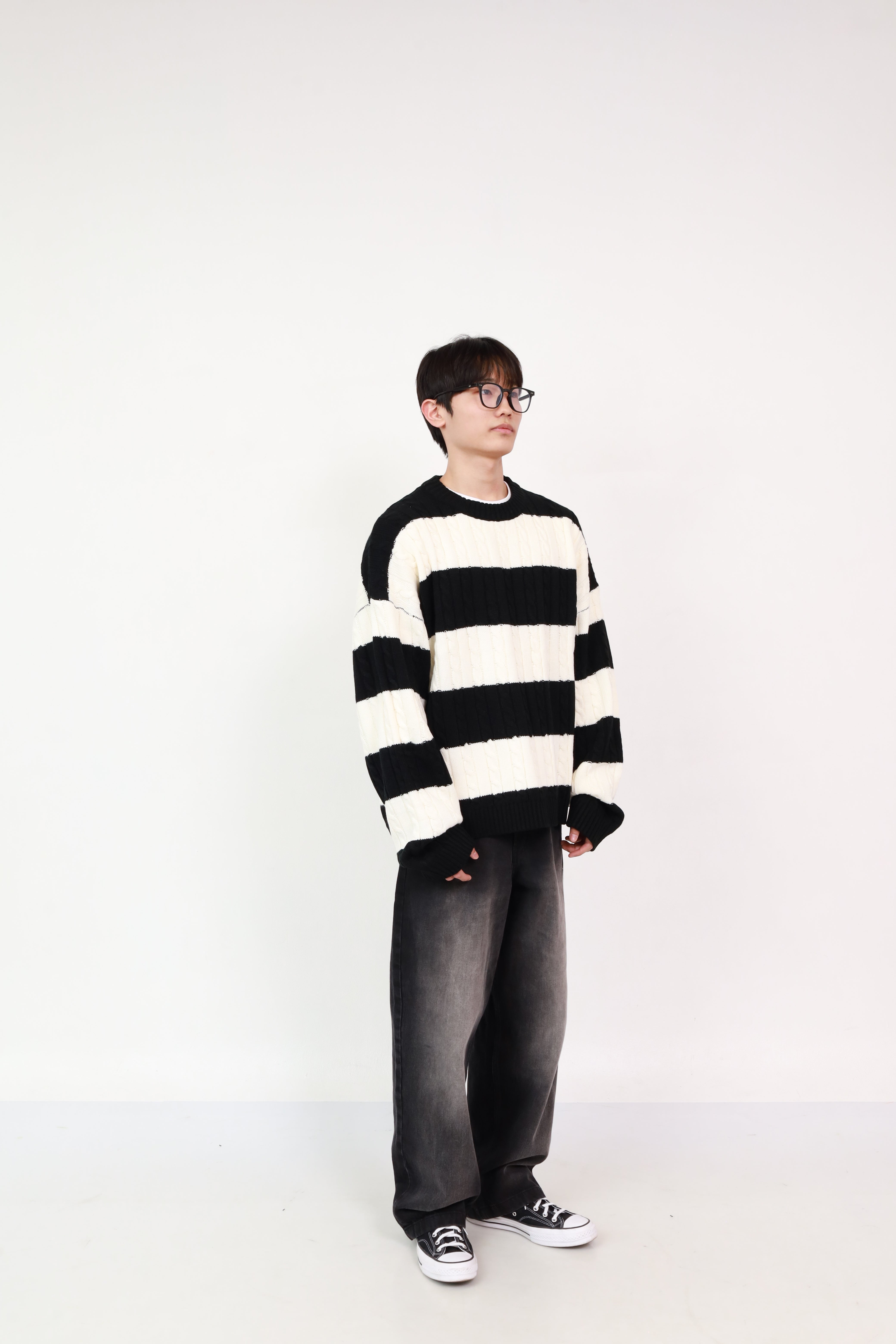Stripe Knit Ivory + Wide Jeans Black