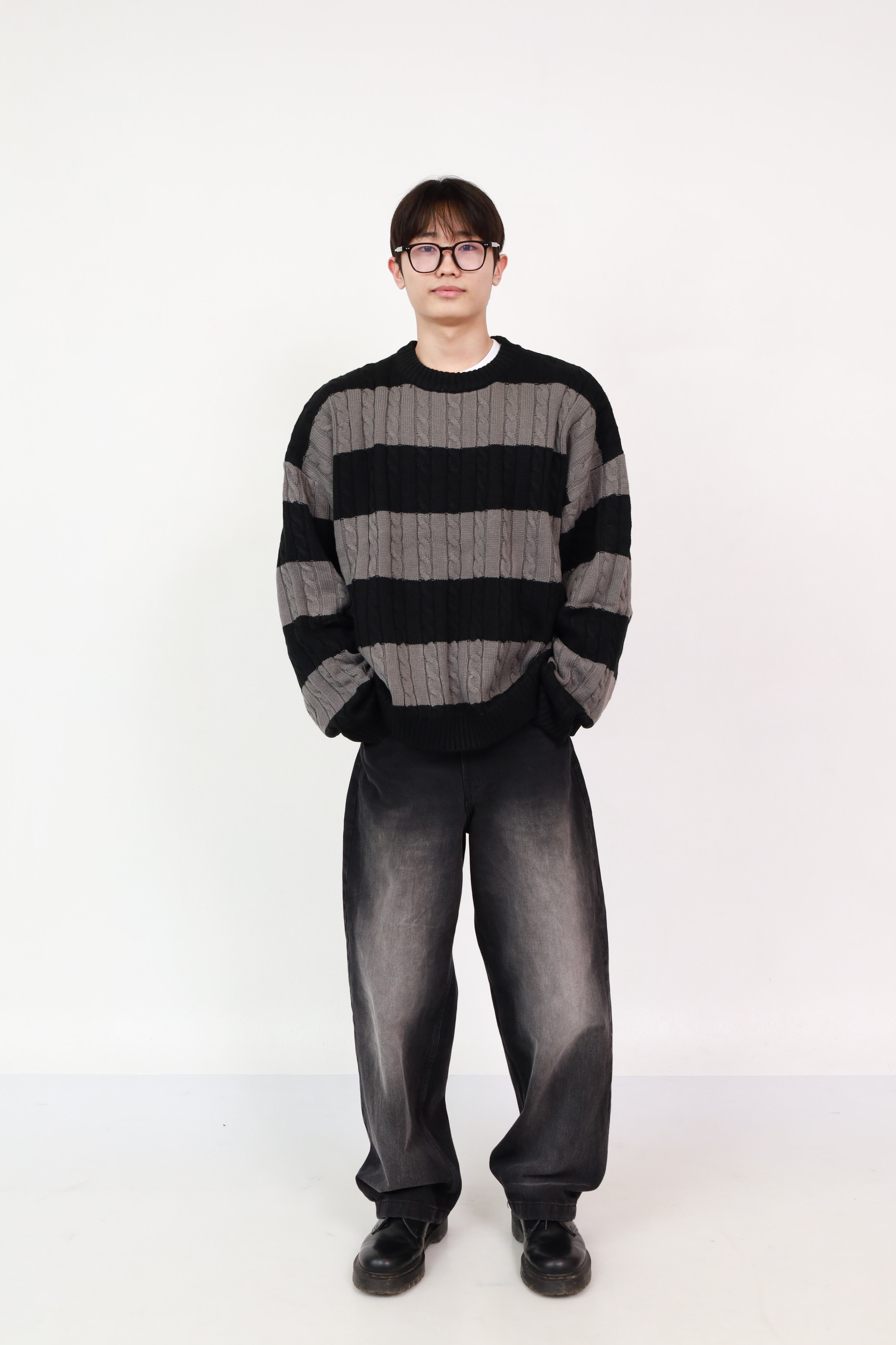 Stripe Knit Charcoal +  Wide Jeans Black