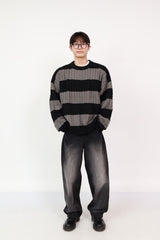 Stripe Knit Charcoal +  Wide Jeans Black