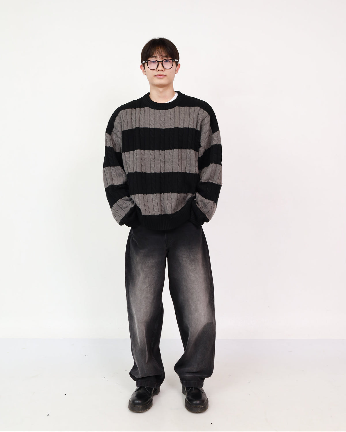 Stripe Knit Charcoal +  Wide Jeans Black