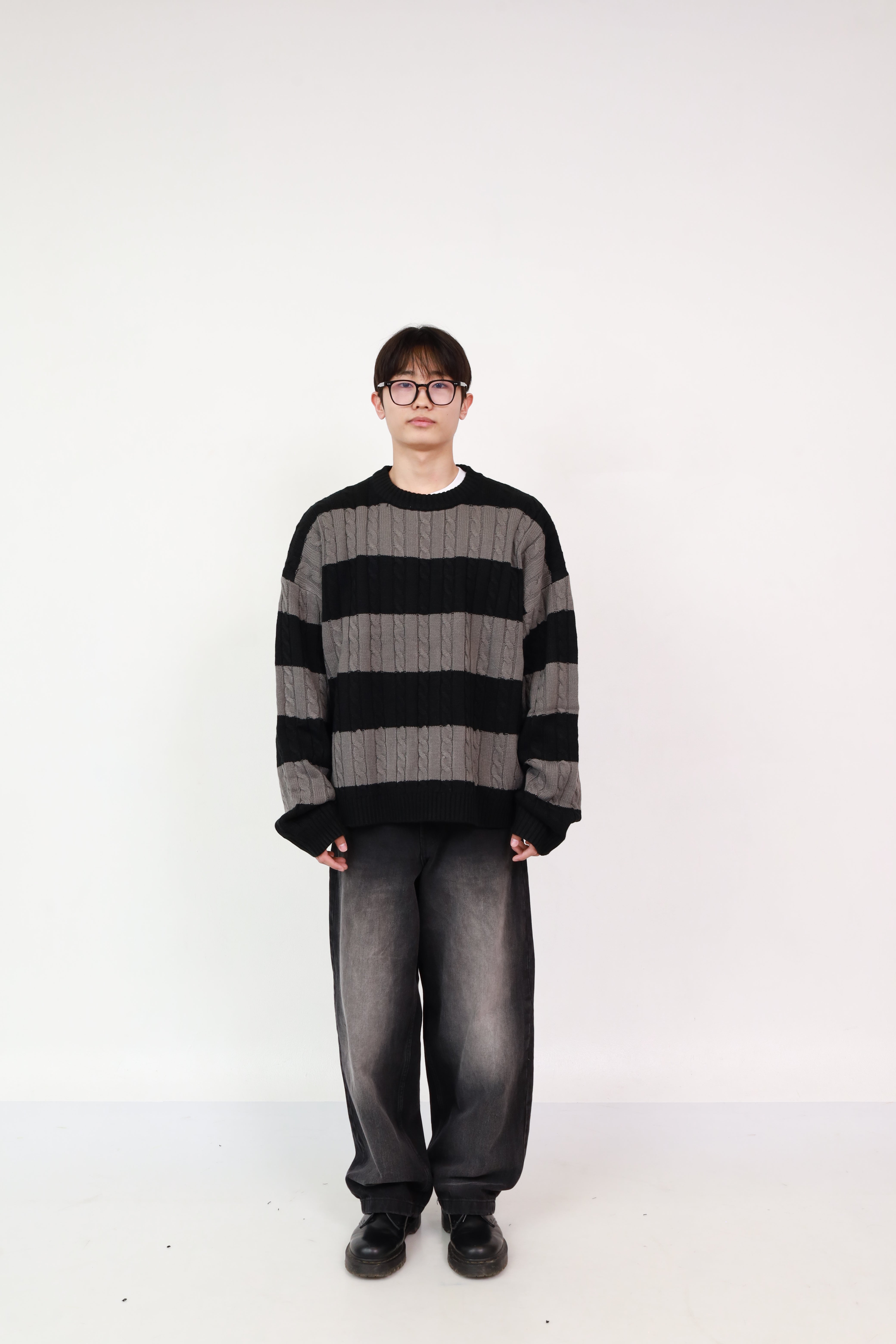 Stripe Knit Charcoal +  Wide Jeans Black