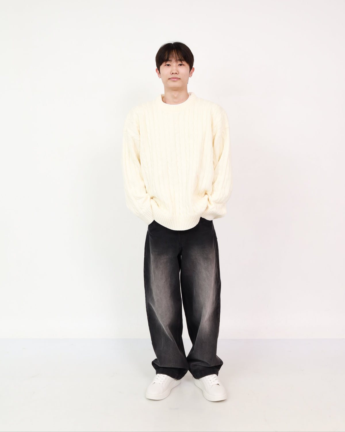 Plain Knit Ivory + Wide Jeans Black