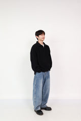 Button up Knit Black + Wide Jeans Sky Blue