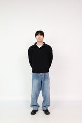 Button up Knit Black + Wide Jeans Sky Blue