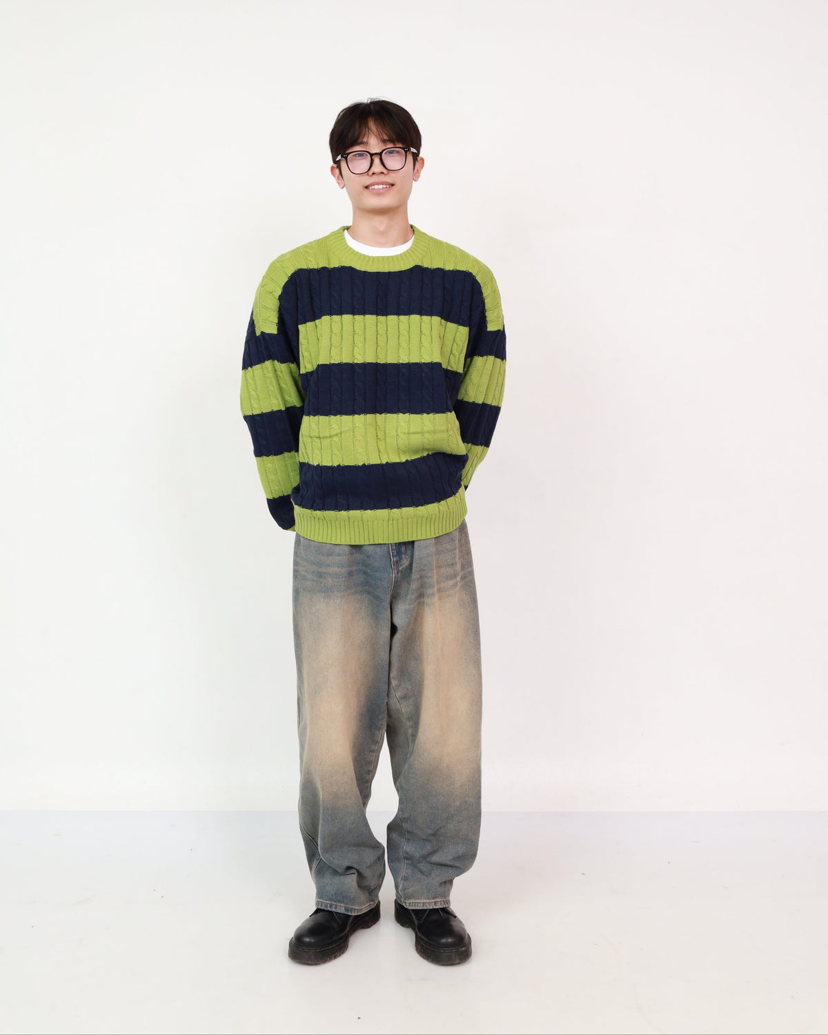 Stripe Knit Green +  Wide Jeans Oil