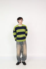 Stripe Knit Green +  Wide Jeans Oil